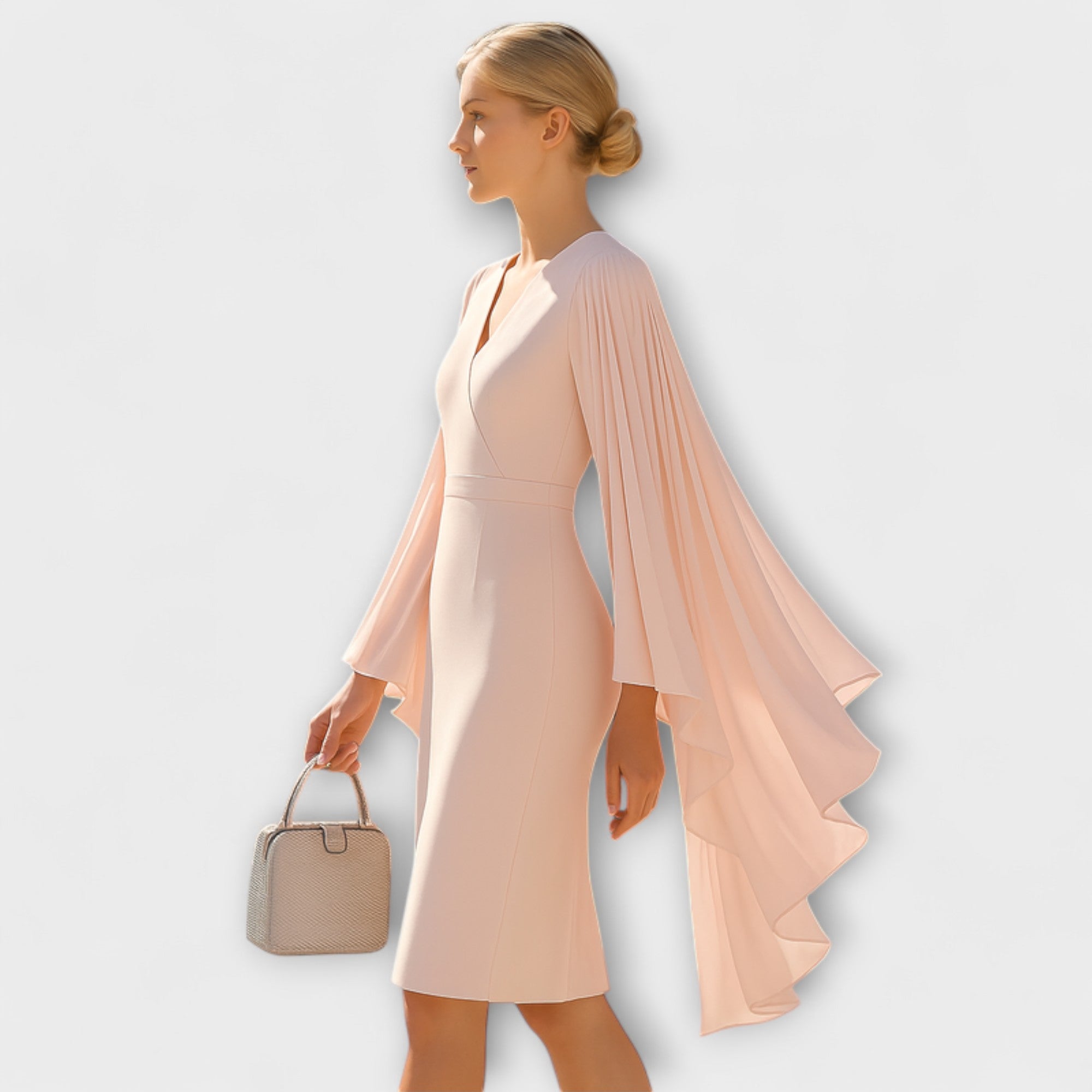 Blenda - Hellrosa Midi-Kleid mit V-Ausschnitt und Chiffon-Ärmel Rosa 2