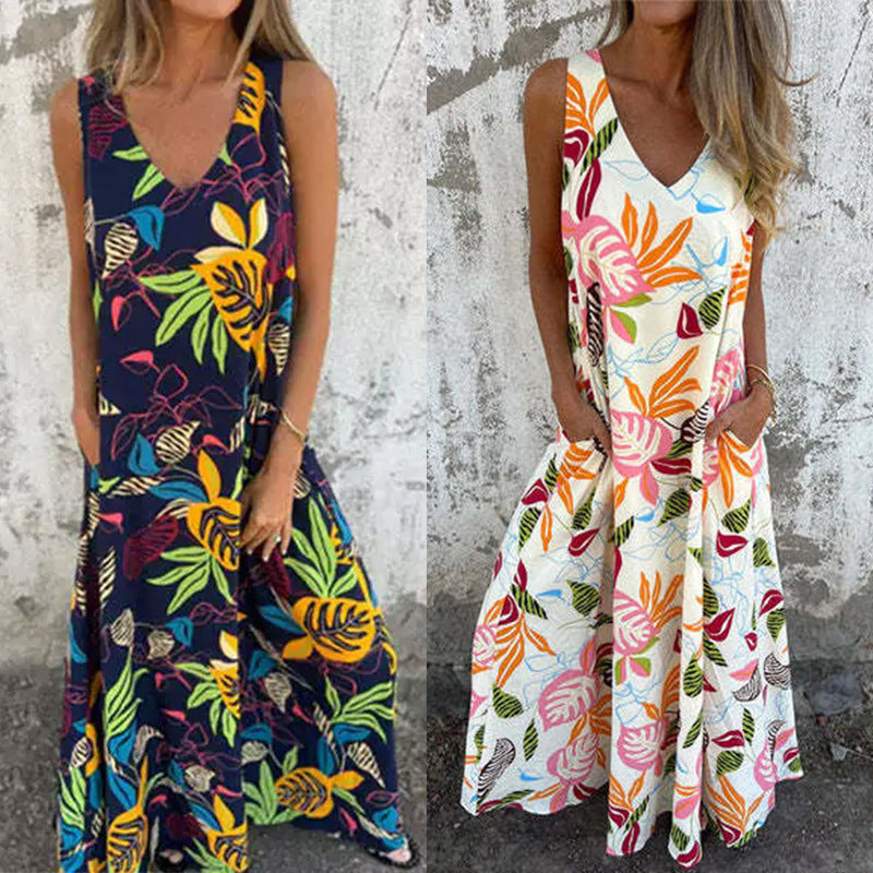 Branka- Damen Maxikleid mit floralem Design und Taschen