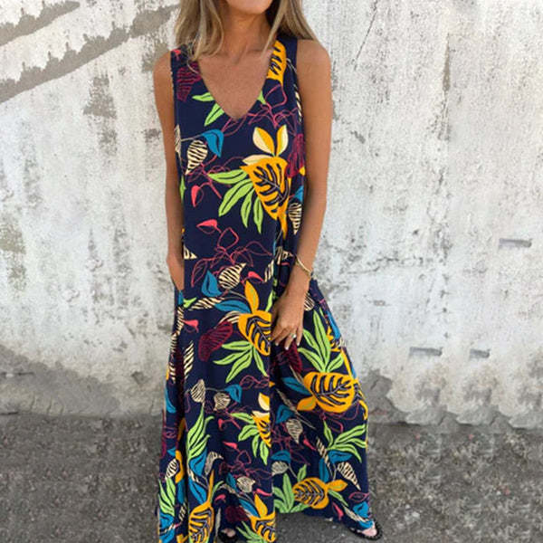 Branka- Damen Maxikleid mit floralem Design und Taschen Dunkelblau 1