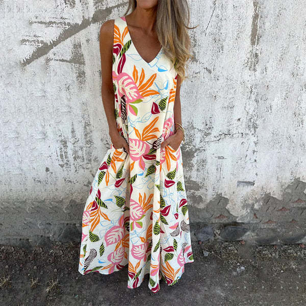 Branka- Damen Maxikleid mit floralem Design und Taschen Weiß
