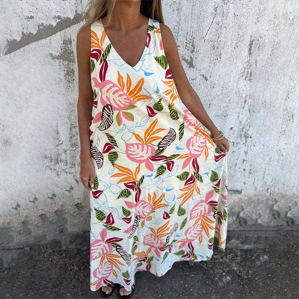  Branka- Damen Maxikleid mit floralem Design und Taschen Weiß 1
