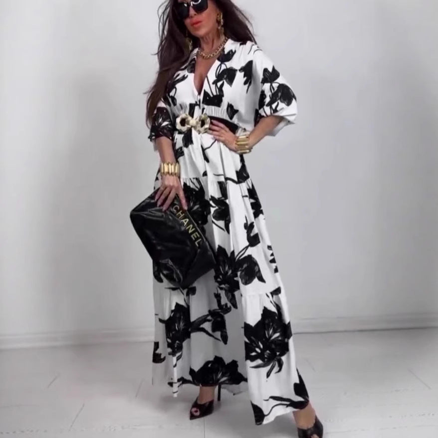 Brenda- Damen Maxikleid mit floralen Motiven und Gürtel Bunt 1-0-cib