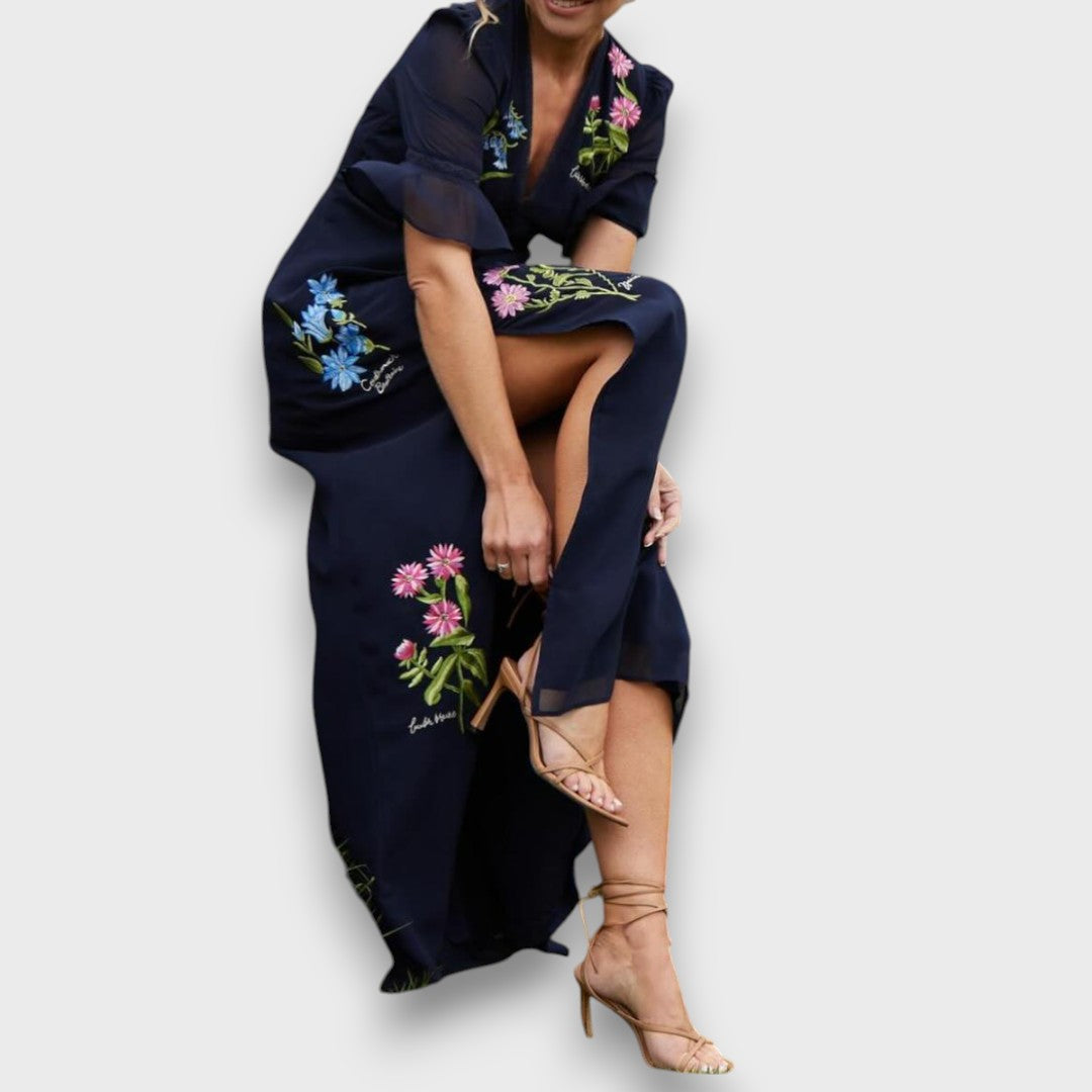 Carina – Besticktes Maxikleid mit floraler Eleganz Schwarz 3