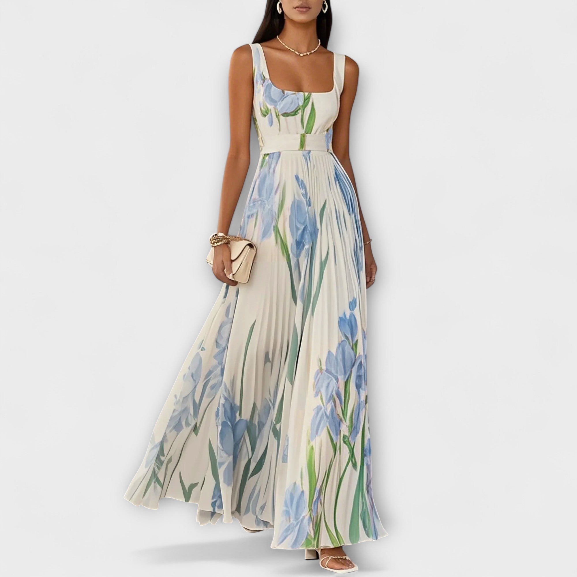 Carintha - Gefaltetes florales Chiffon Maxikleid Hellblau