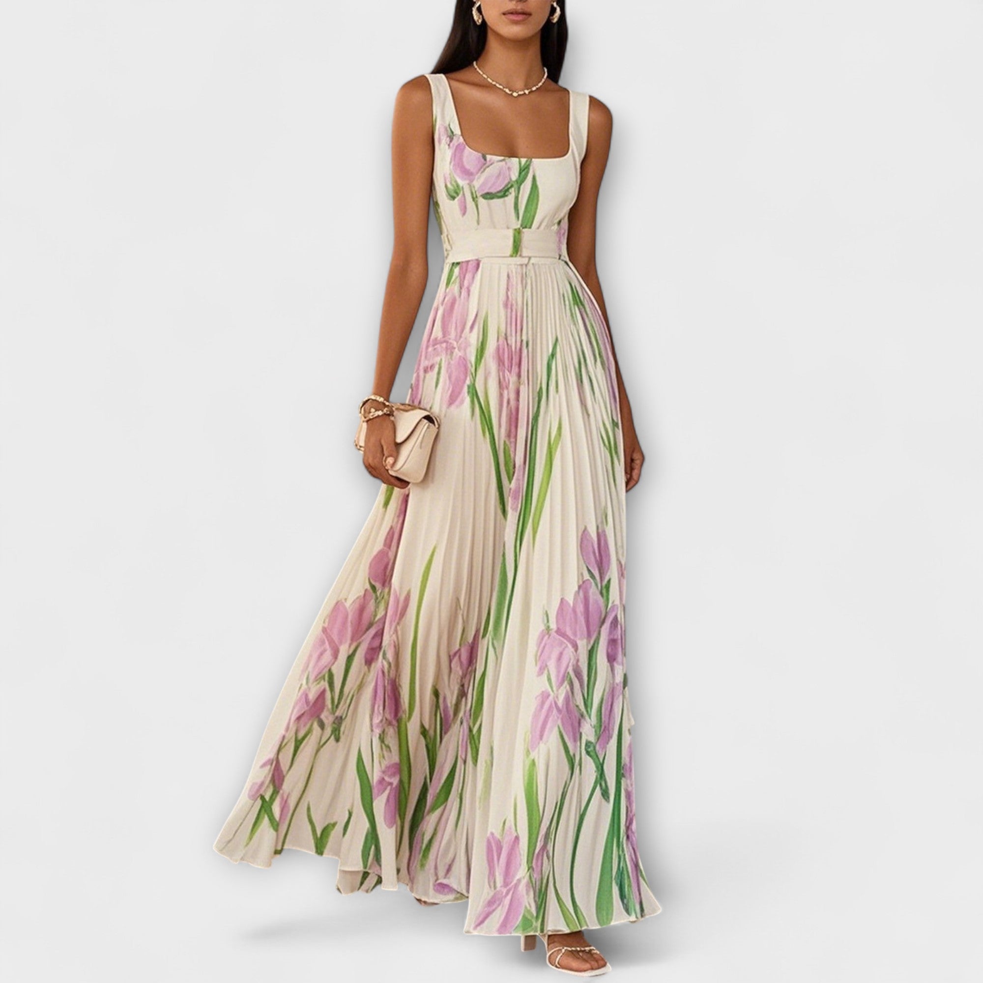 Carintha - Gefaltetes florales Chiffon Maxikleid Weiß
