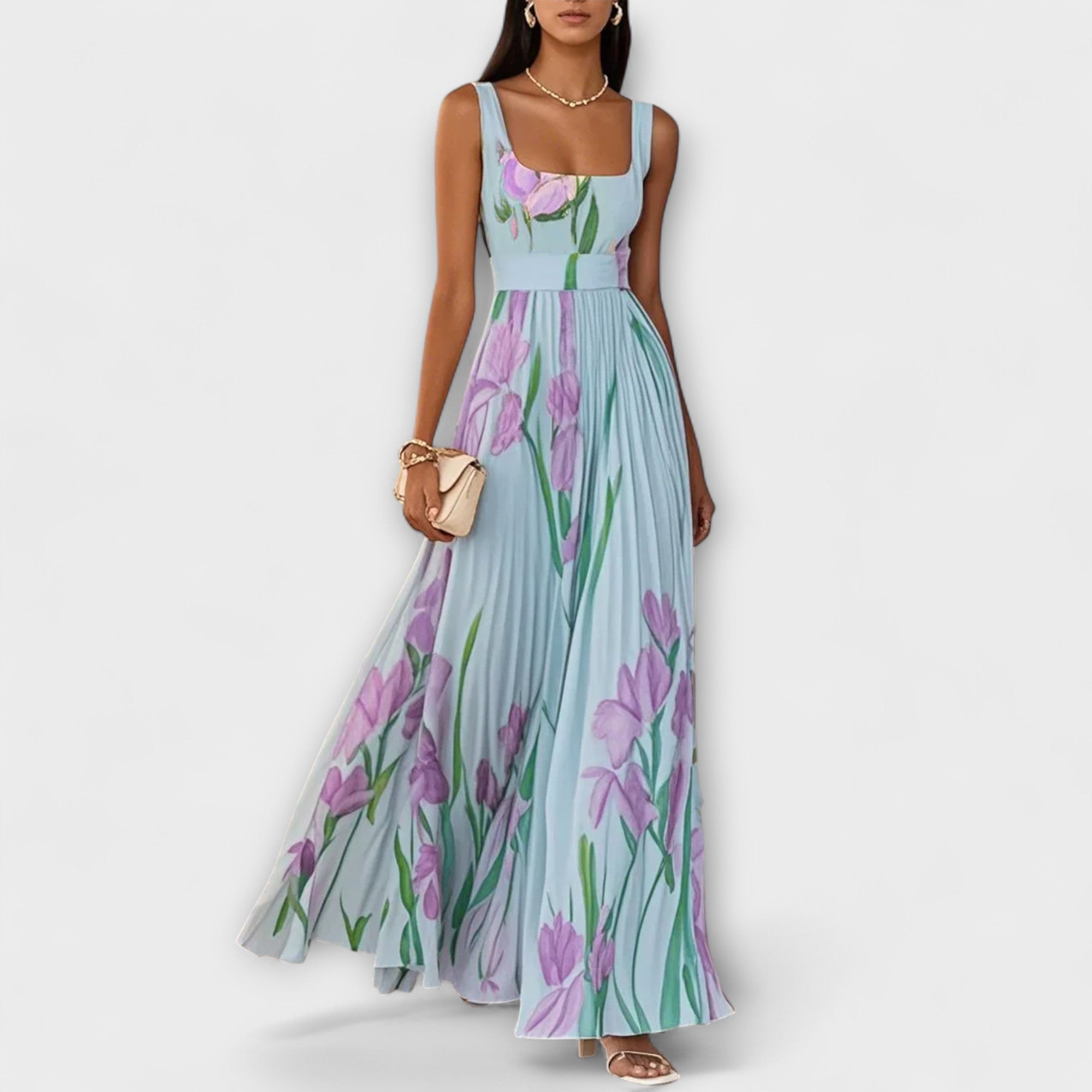 Carintha - Gefaltetes florales Chiffon Maxikleid blau