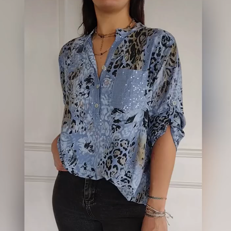 Charlisa – Bedrucktes Damenhemd mit halber Knopfleiste Blau