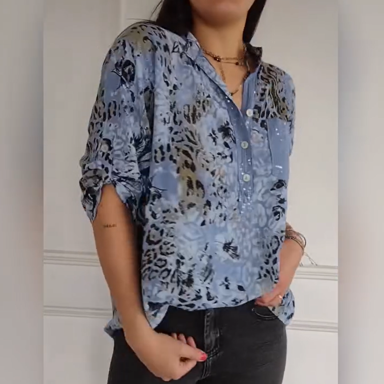 Charlisa – Bedrucktes Damenhemd mit halber Knopfleiste Blau 2