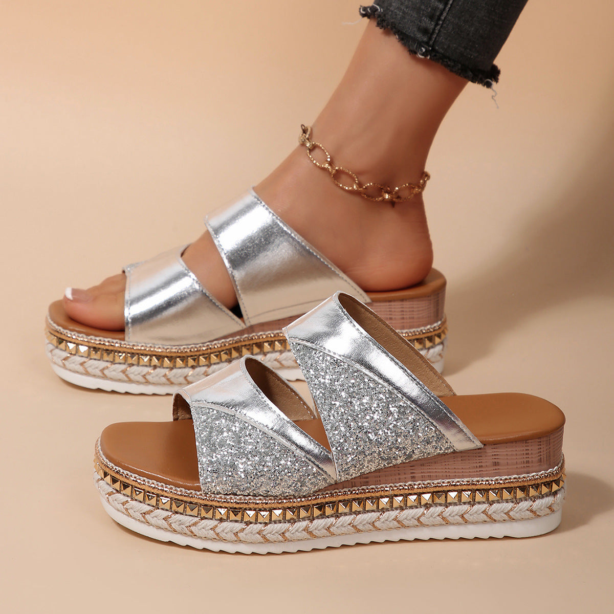 Charlotte- Damen Glamouröse Wedge Pantoletten mit funkelndem Strassbesatz 2