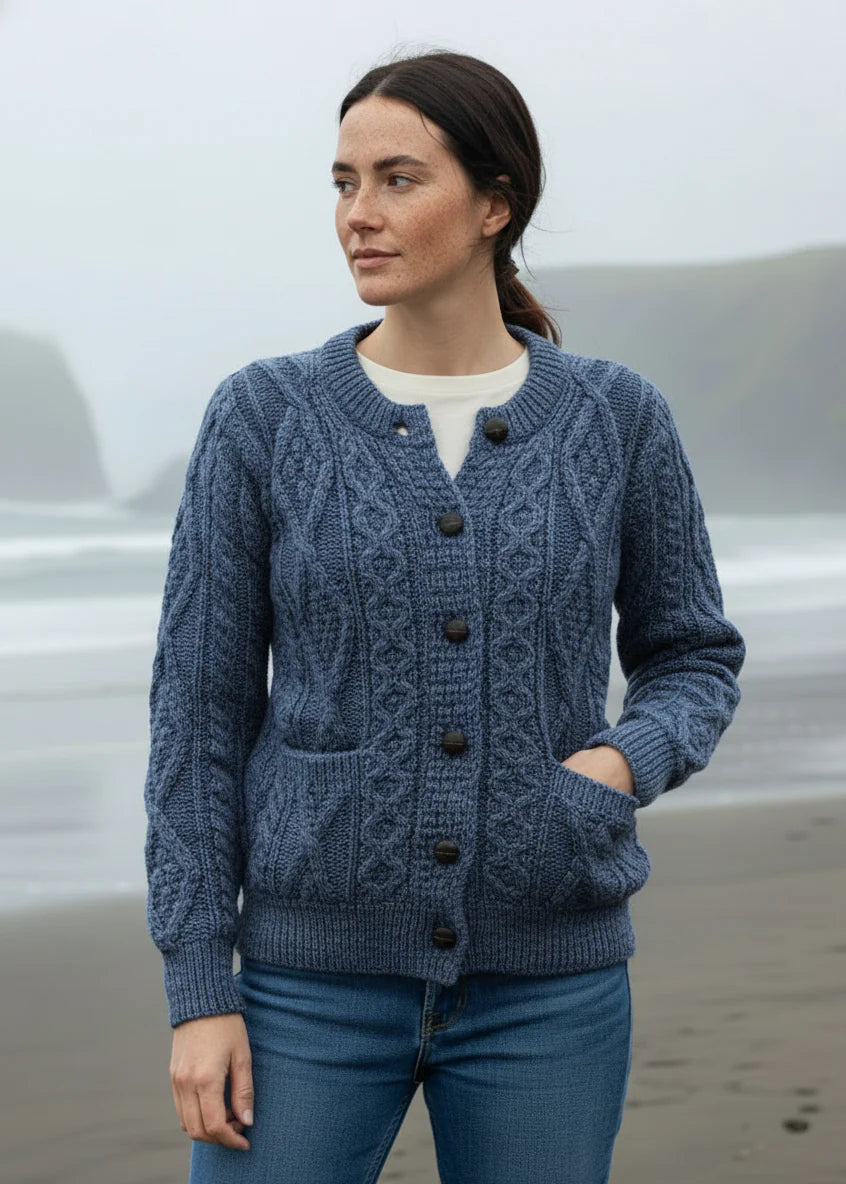 Christa - Damen Aran Strick-Cardigan Komfortabel Jeansstoff 