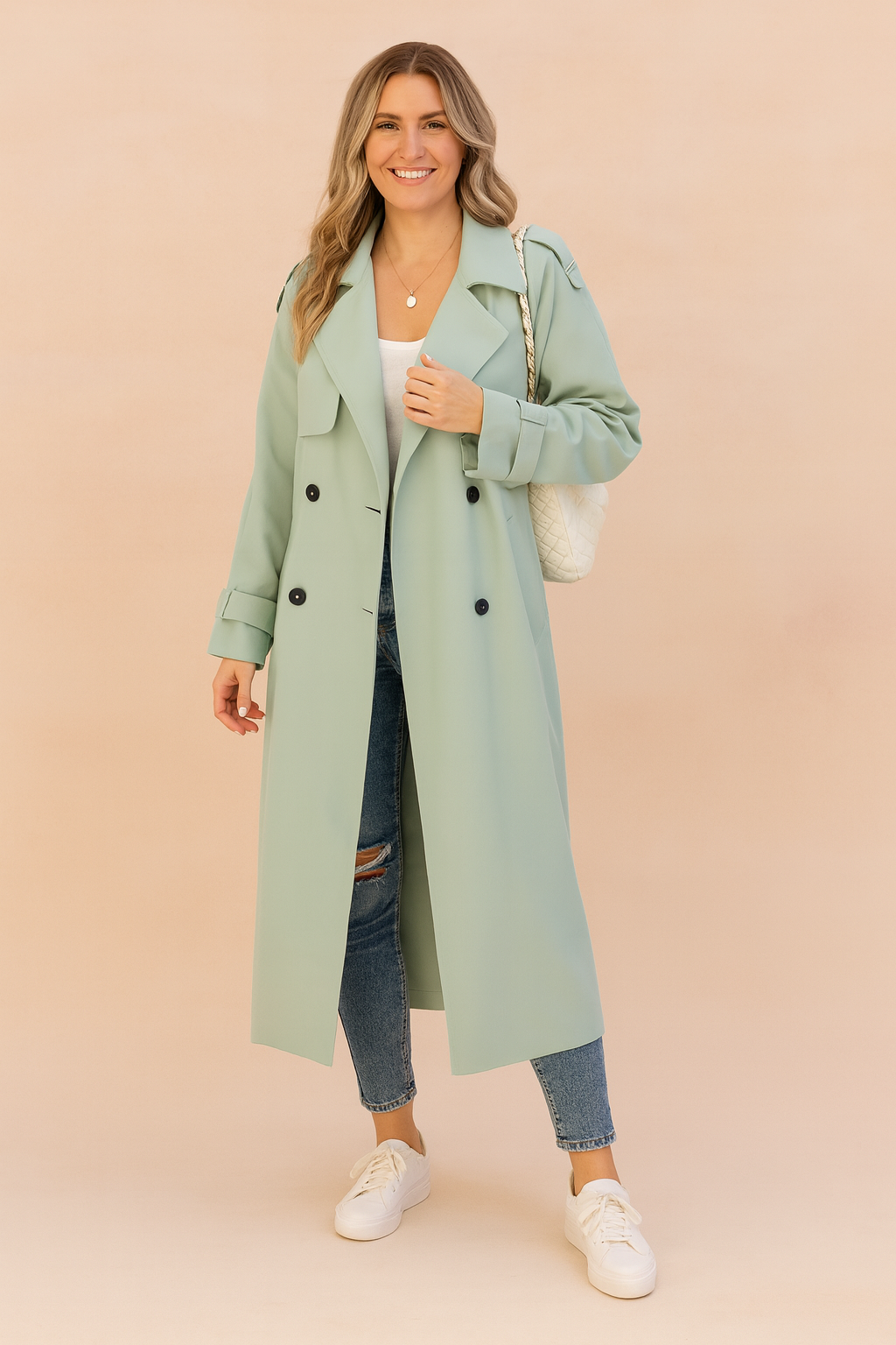 Chrysandra - Damen Langer Trenchcoat Urban Style Hellgrün