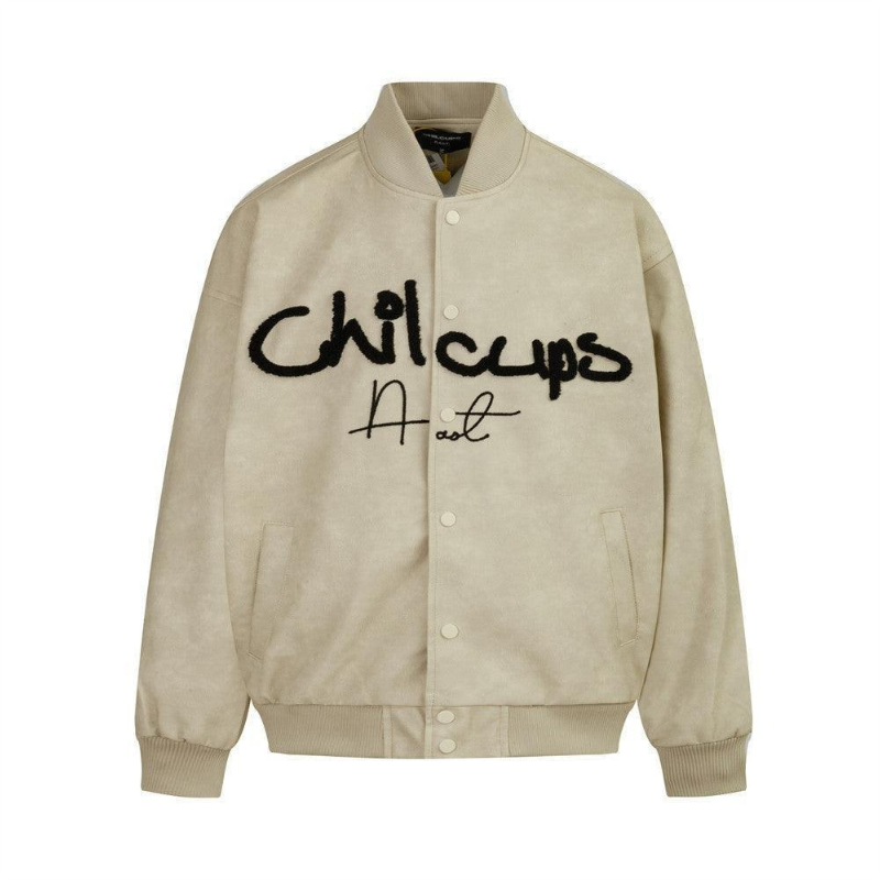 Cillian - Herren Bikerjacke Kunstleder Bestickte Streetwear Aprikose