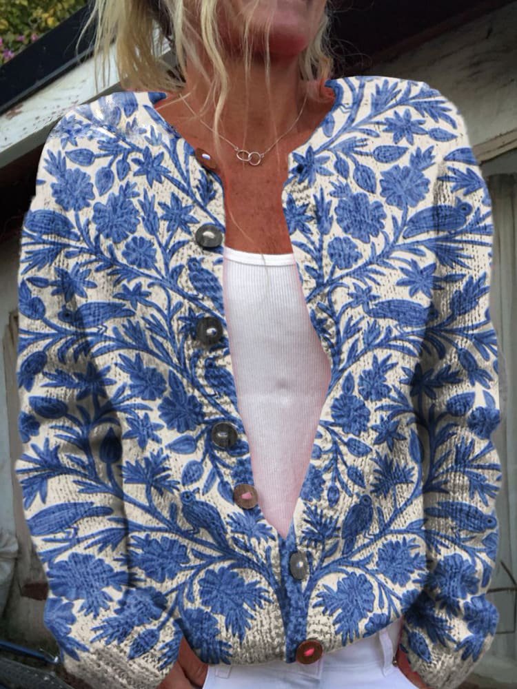 Michaela - Damen Strickjacke Baumwolle Blumenmuster Elegant