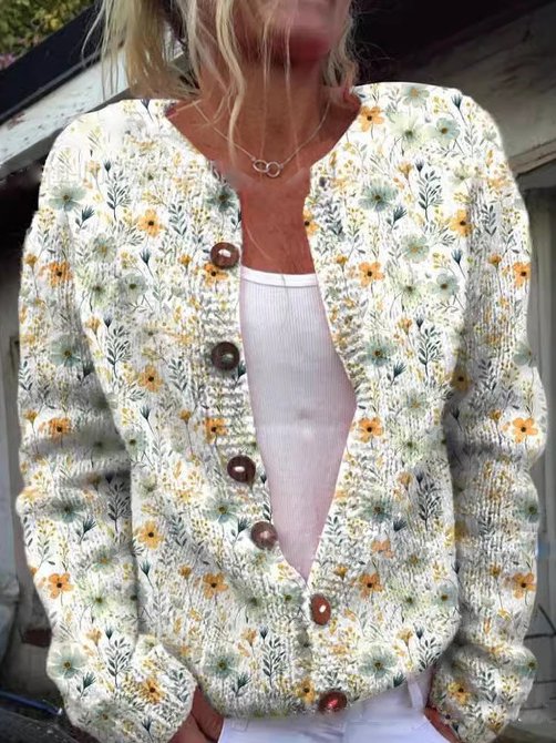 Michaela - Damen Strickjacke Baumwolle Blumenmuster Elegant