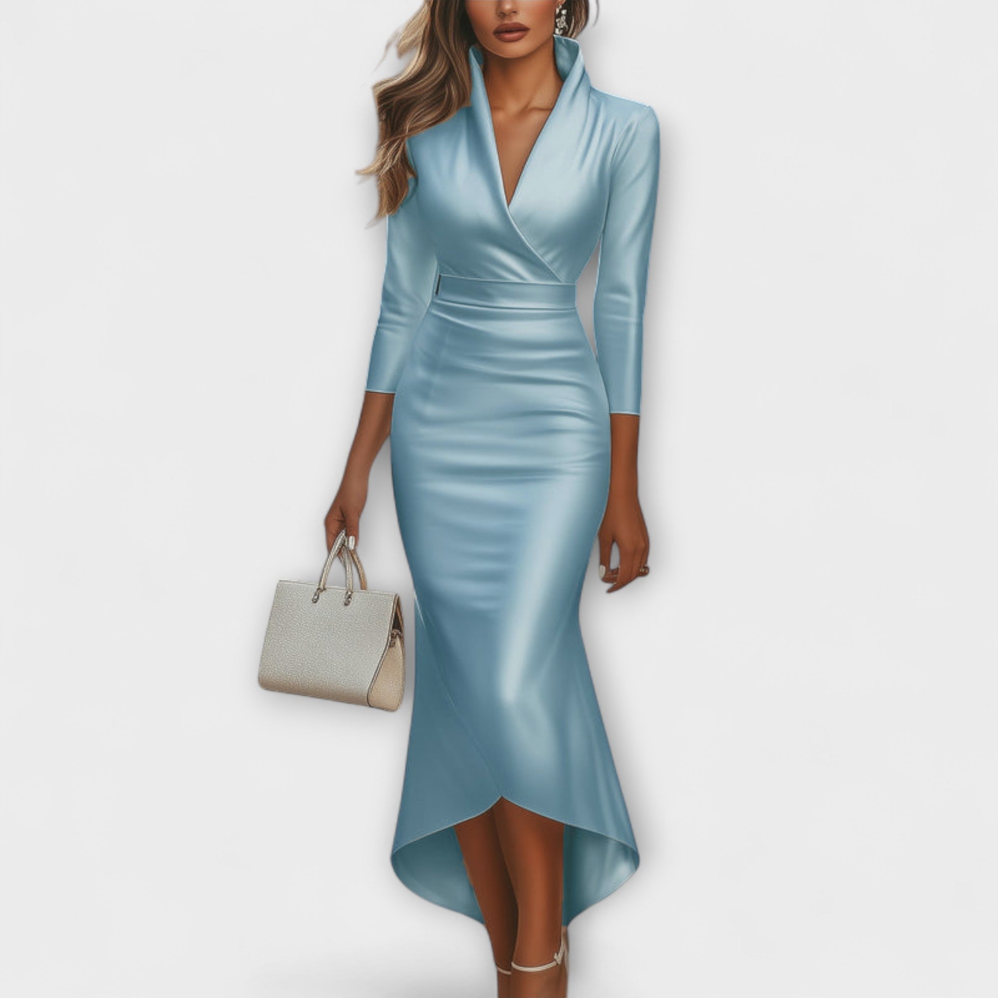 Damian – Satin-Wickelkleid mit Stehkragen & Asymmetrie Hellblau
