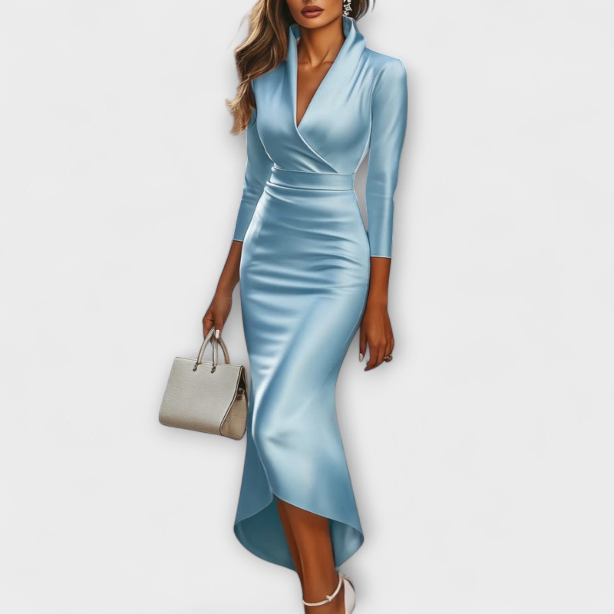 Damian – Satin-Wickelkleid mit Stehkragen & Asymmetrie Hellblau 2