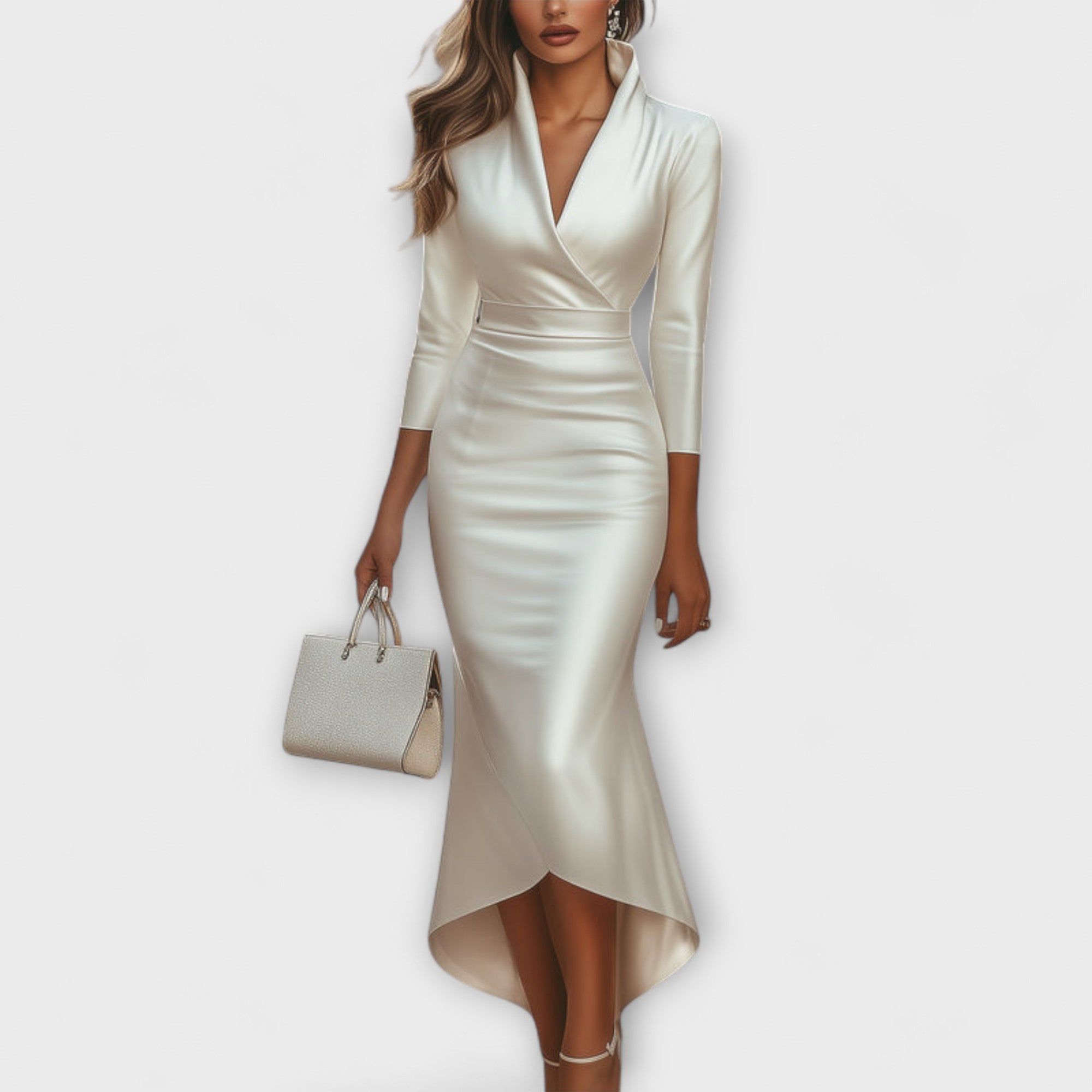 Damian – Satin-Wickelkleid mit Stehkragen & Asymmetrie Weiß