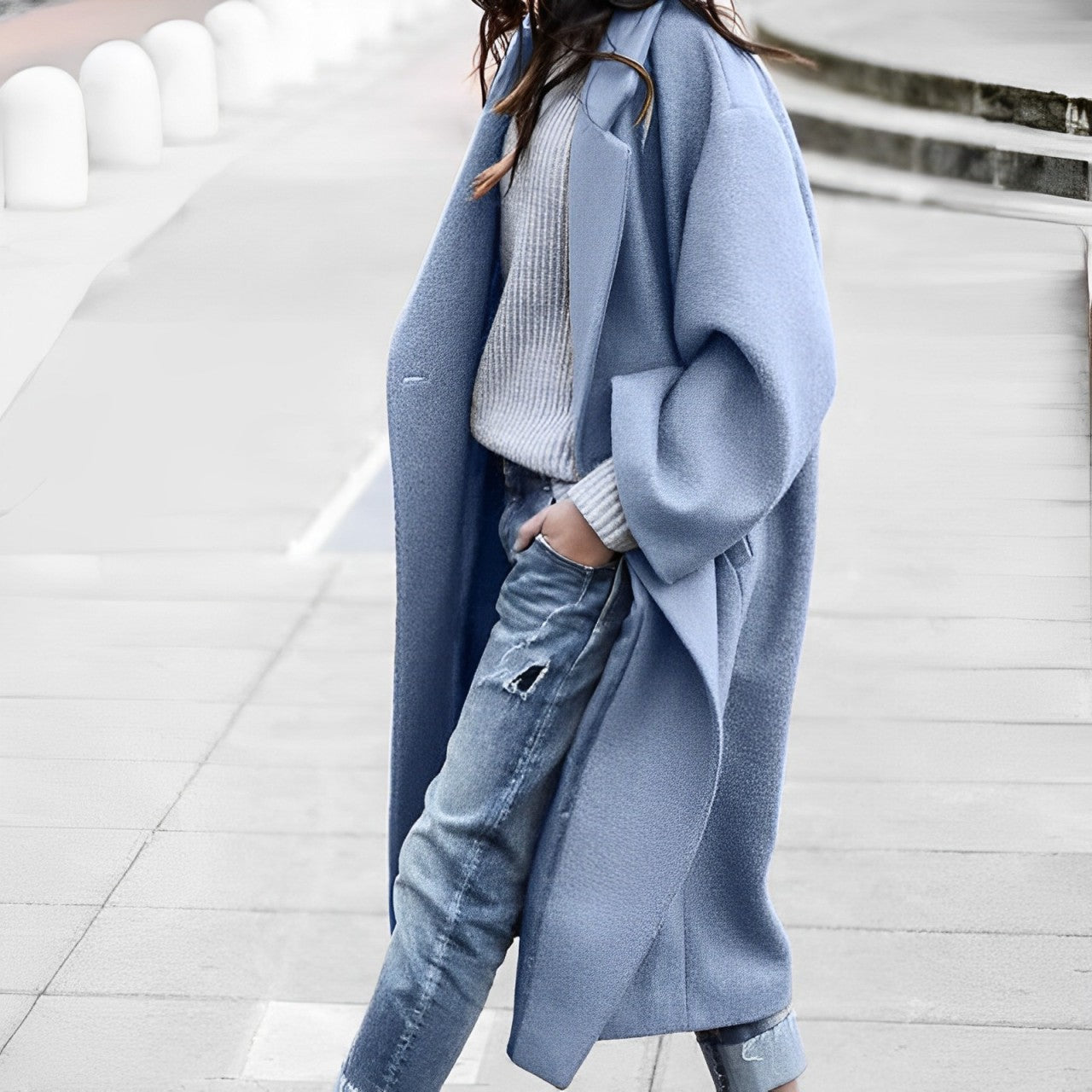Danica - Langer Einreihiger Wollmantel für Damen Hellblau