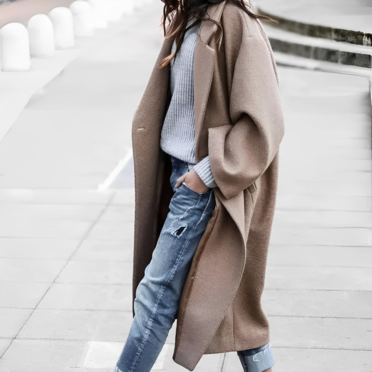 Danica - Langer Einreihiger Wollmantel für Damen Khaki