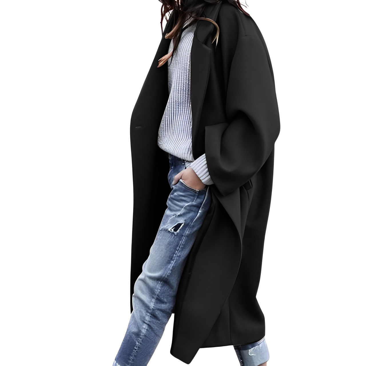 Danica - Langer Einreihiger Wollmantel für Damen Schwarz
