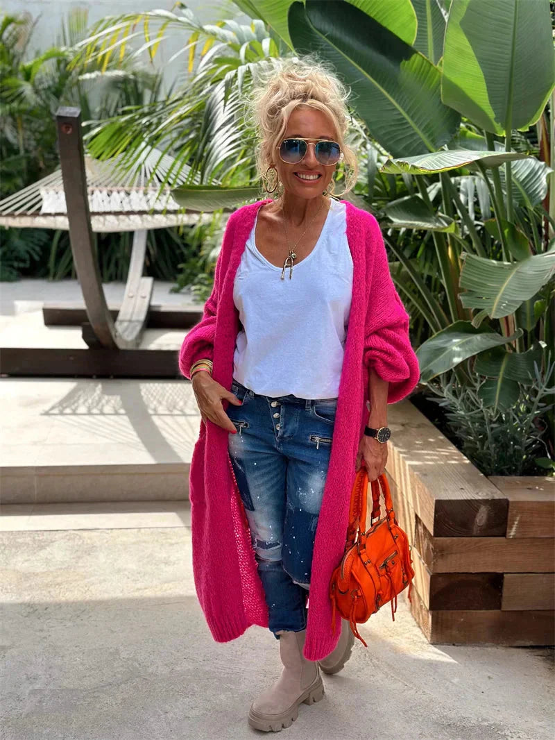 Finja - Damen Lange Strickjacke im Hippie-Stil