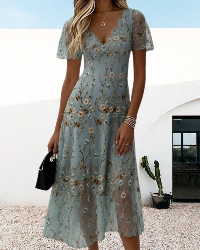 Delphine- Kleid Blumenmuster Elegant Grün 2