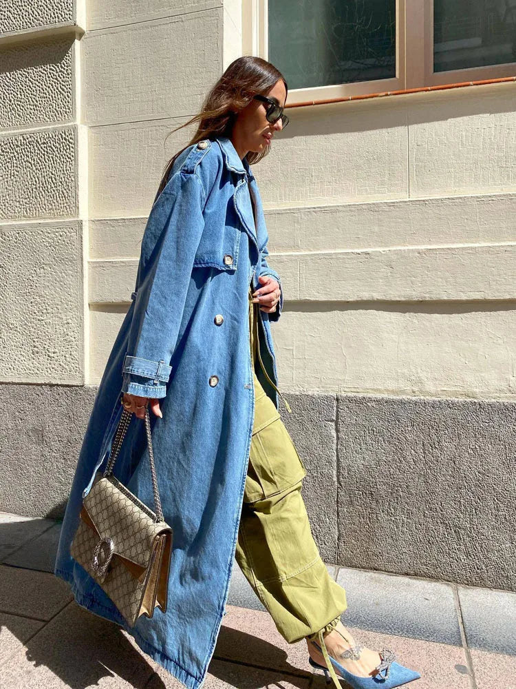 Melinda - Langer Damen Trenchcoat Blau mit Gürtel