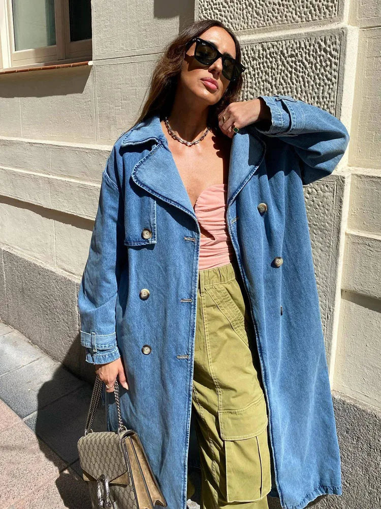 Melinda - Langer Damen Trenchcoat Blau mit Gürtel