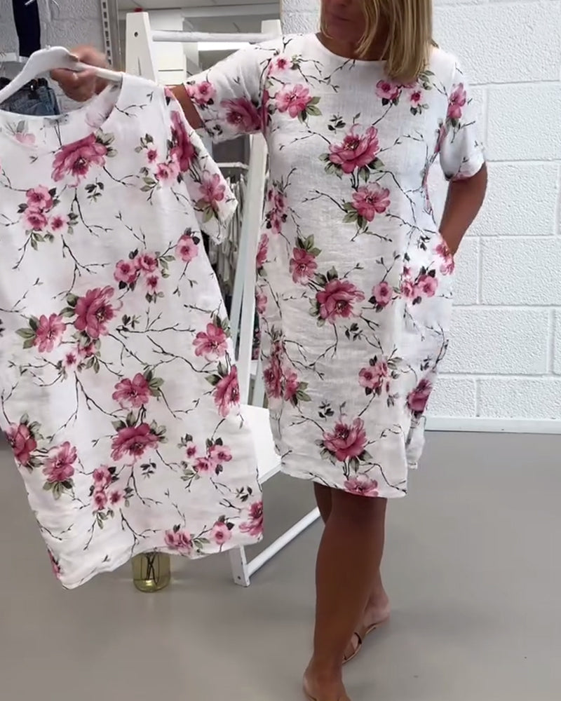 Desirée- Kleid Rundhals Blumenmuster Weiß