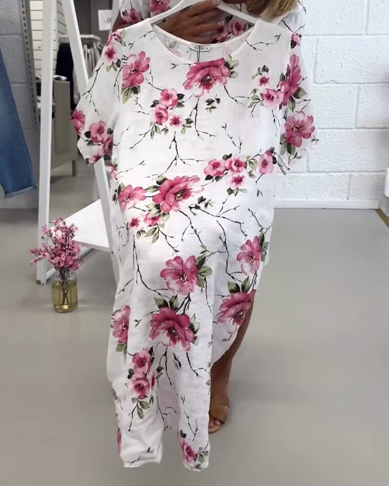Desirée- Kleid Rundhals Blumenmuster Weiß 1