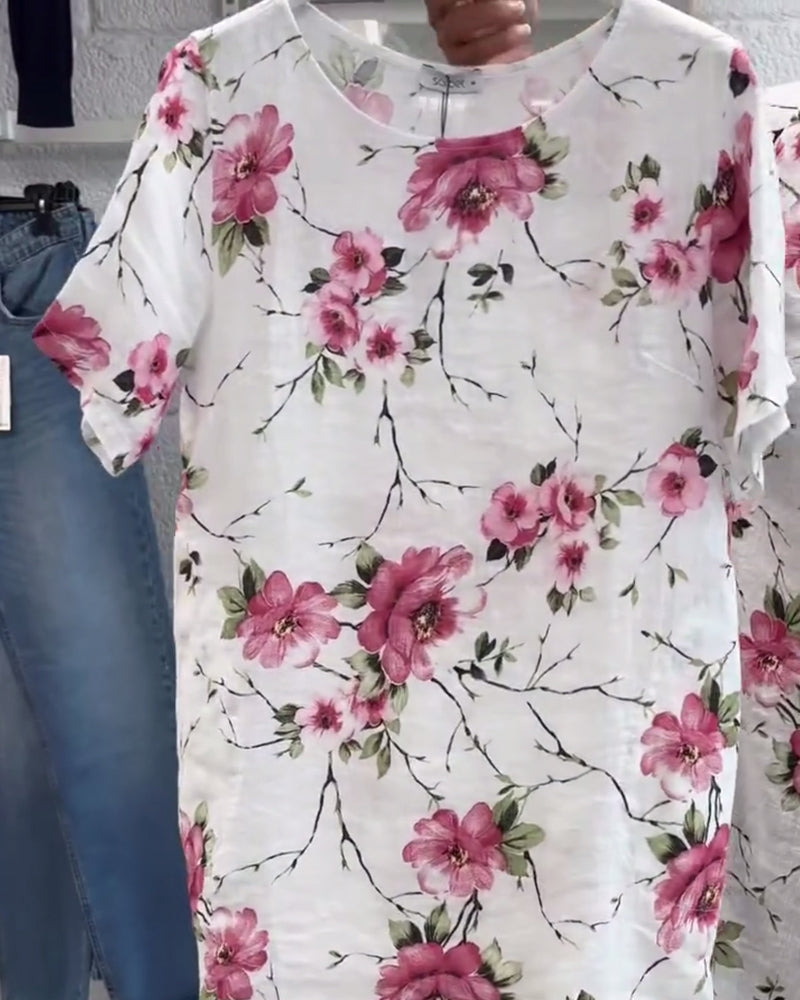 Desirée- Kleid Rundhals Blumenmuster Weiß 3