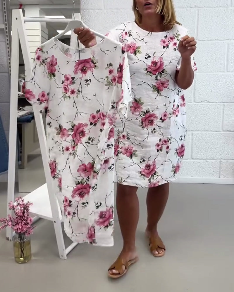 Desirée- Kleid Rundhals Blumenmuster Weiß 4