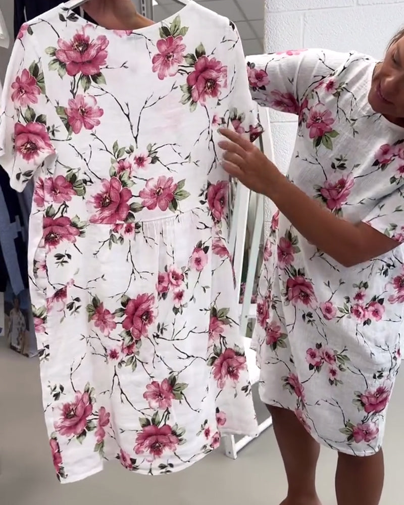 Desirée- Kleid Rundhals Blumenmuster Weiß 3