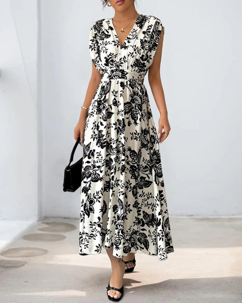 Dora- Kleid V-Ausschnitt Blümchen Schwarz