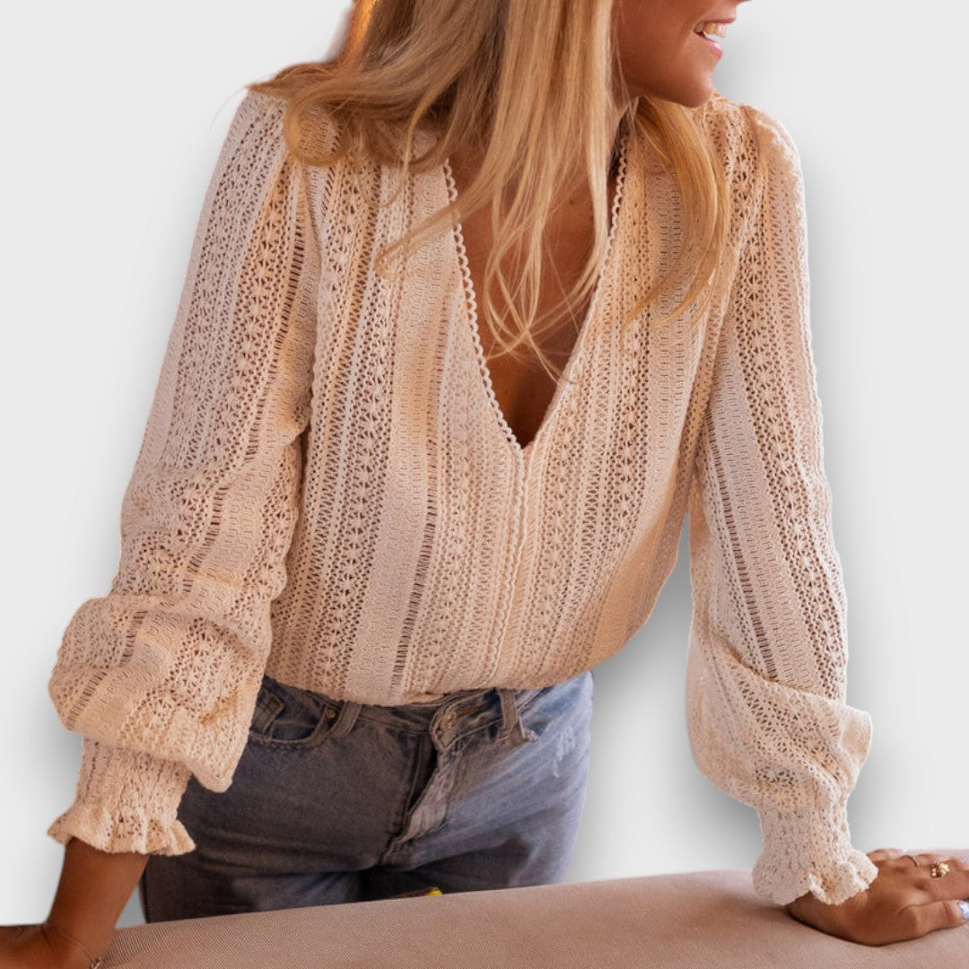 Draga – Strickbluse mit V-Ausschnitt Beige