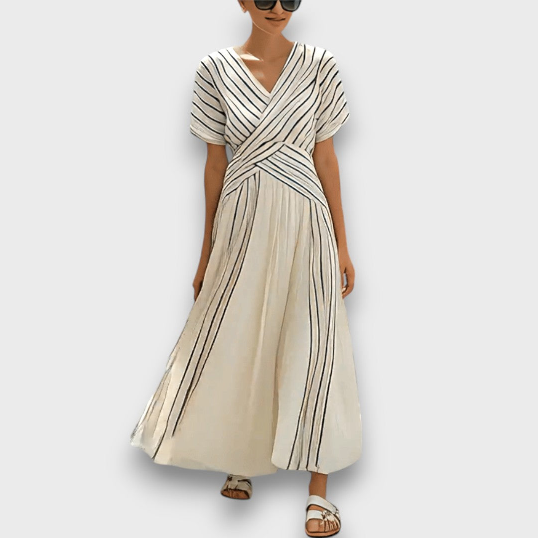Dulcia – Gestreiftes Sommerkleid mit Wickeloptik WeiB 3