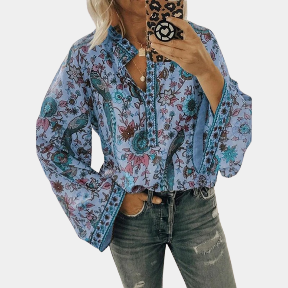 Eda - Geblümte Bluse mit langen Ärmeln für Damen Blau