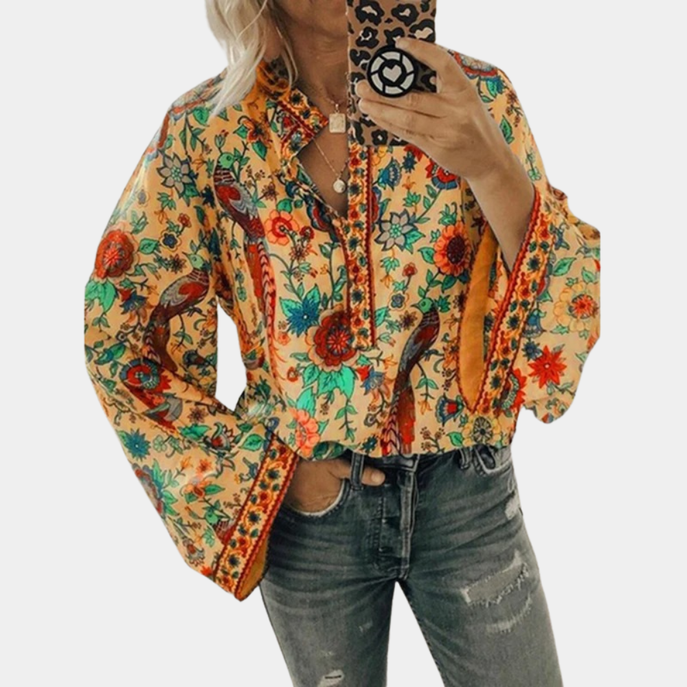 Eda - Geblümte Bluse mit langen Ärmeln für Damen Orange