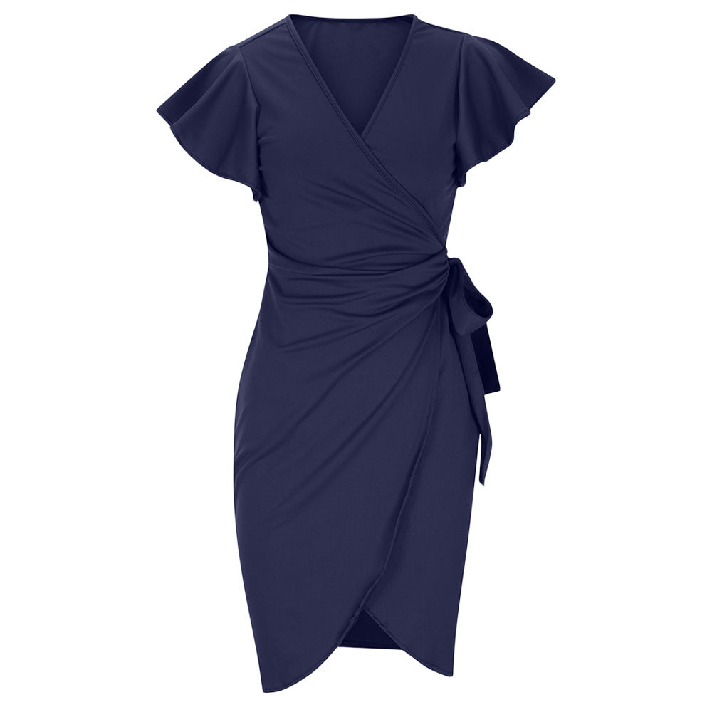 Edda – Enges V-Ausschnitt Kleid mit Falten und Glockenärmeln Dunkelblau