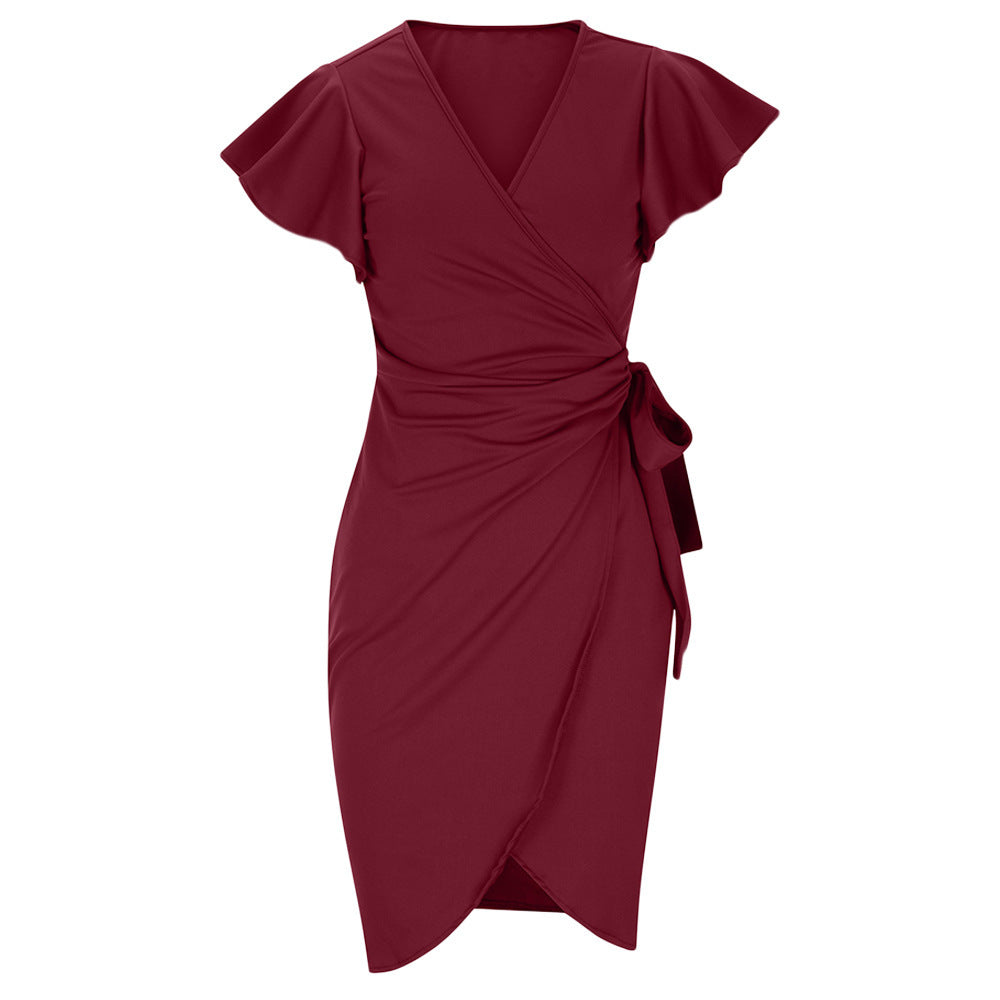 Edda – Enges V-Ausschnitt Kleid mit Falten und Glockenärmeln Weinrot
