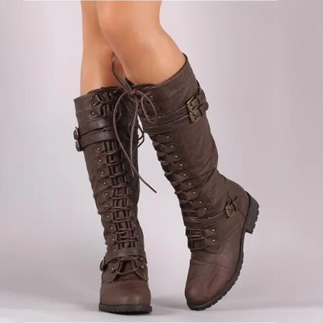 Editha - Damen Kniehohe Stiefel mit Schnürverschluss Braun