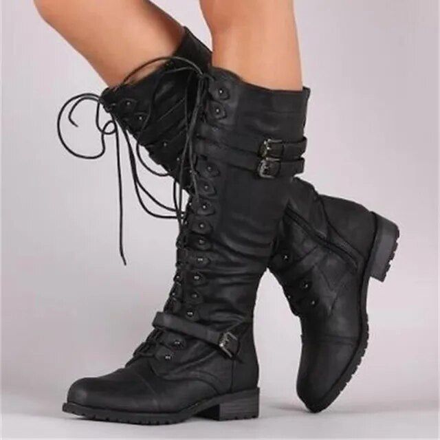 Editha - Damen Kniehohe Stiefel mit Schnürverschluss Schwarz
