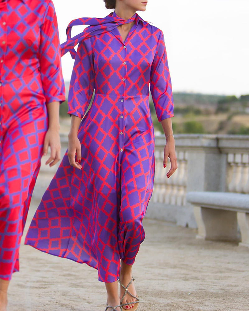Eileen - Hemdblusenkleid mit V-Ausschnitt und 3/4-Ärmeln Lila