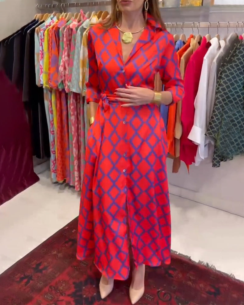 Eileen - Hemdblusenkleid mit V-Ausschnitt und 3/4-Ärmeln Rot