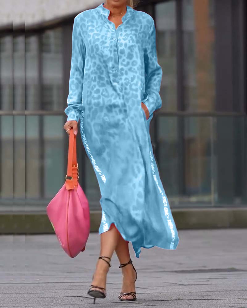 Eliane - Kleid Langarm Leopardenmuster Schlitz Blau