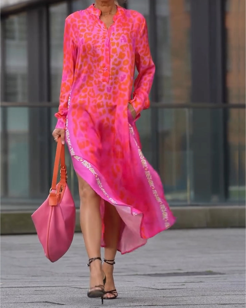 Eliane - Kleid Langarm Leopardenmuster Schlitz Fuchsia