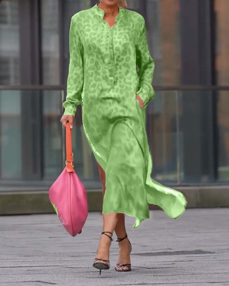 Eliane - Kleid Langarm Leopardenmuster Schlitz Grün
