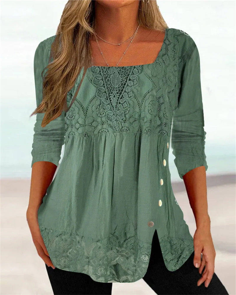 Elsbeth - Damen Sommerbluse mit langen Ärmeln und eckigem Ausschnitt Grün