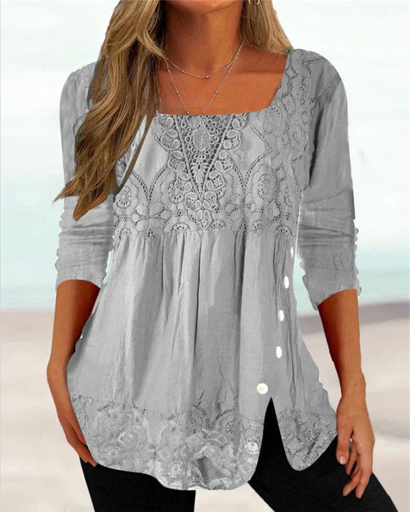 Elsbeth - Damen Sommerbluse mit langen Ärmeln und eckigem Ausschnitt Grau