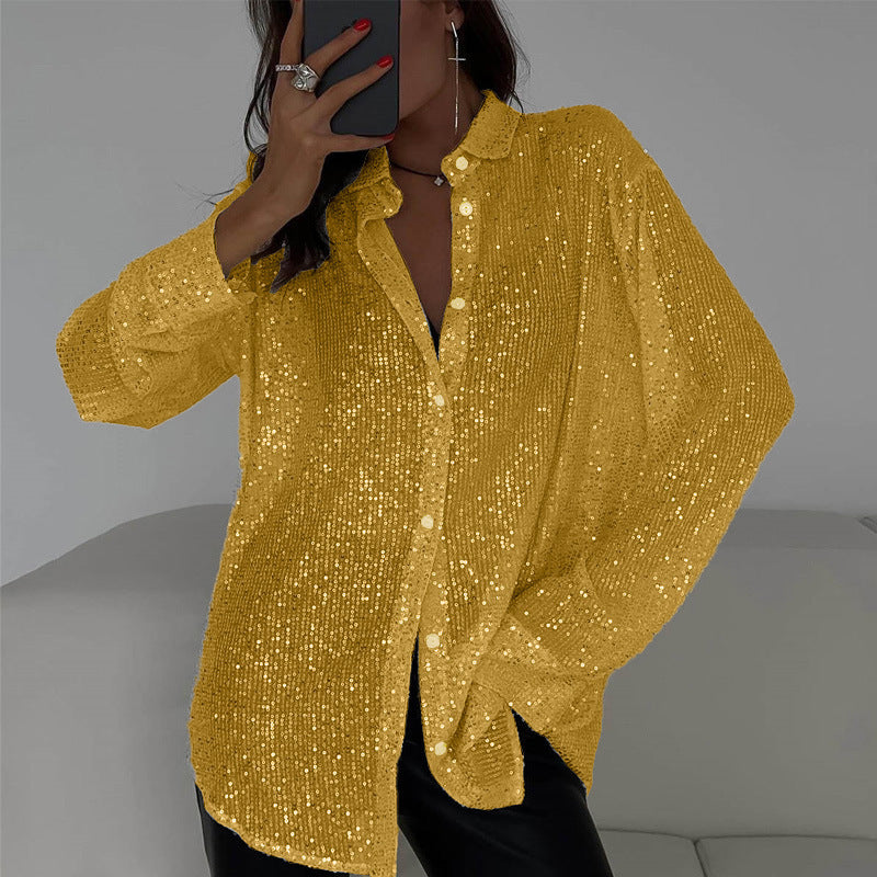 Elwine – Damen Paillettenhemd mit Reverskragen Gold